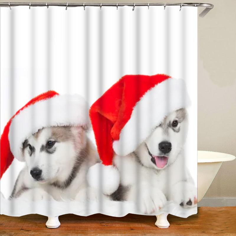 Süßer Sibirischer Husky Duschvorhang Weihnachtlicher Duschvorhang Set Husky Hund Welpe Badezimmervorhang Haustier Hunde Weihnachten Heimdekoration