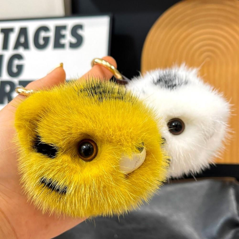 Cute Furry Tiger Head Keychain Keyring Women Bag Charm Plush Doll Toy Car Keychains Real Mink Fur Tiger Pendant Trinkets Gifts