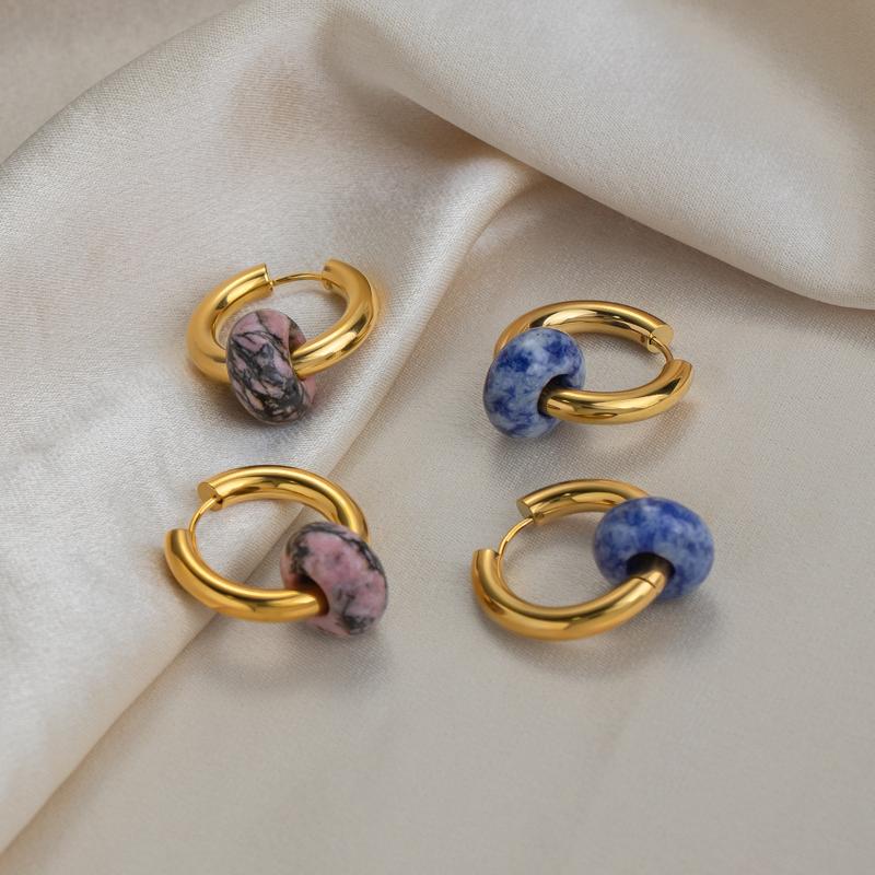 1 Pair Gold Plated Hoop Earrings with Colorful Natural Stone Pendants for Women Daily Casual Wear Fashion Jewelry