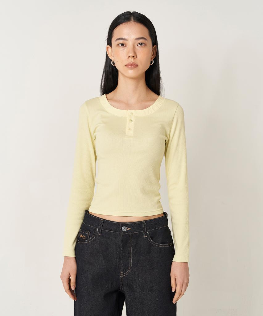 PLAC WOMEN Henley Neck Ribbed T-Shirt Light Green