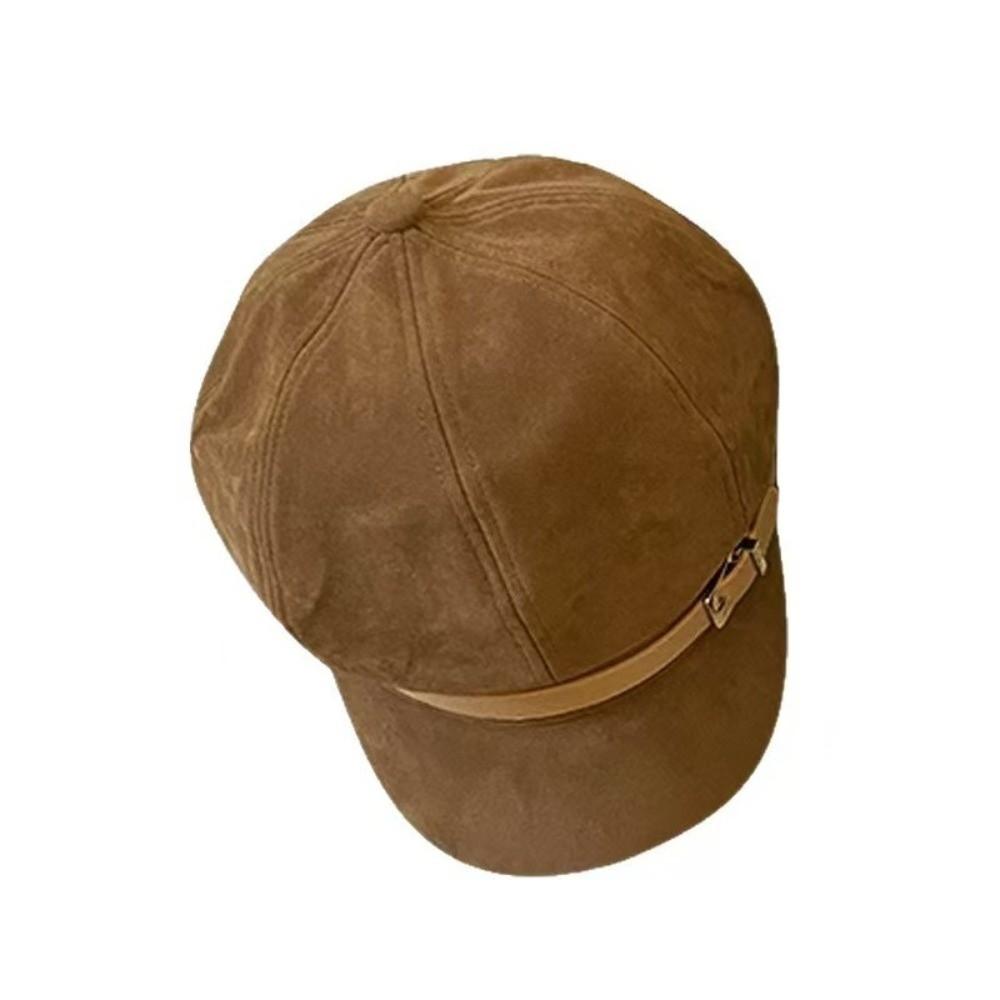 Brown Suede Octagonal Hat British Style Painter Hat Personality Pu Leather Beret  Streetwear