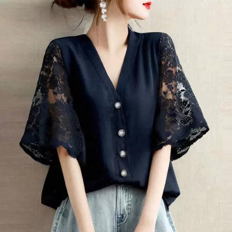 Vintage Shirts Summer Lace Crochet Blouse Women Lapel Neck Half Sleeve Tops Embroidered Femme Causal Work Shirt