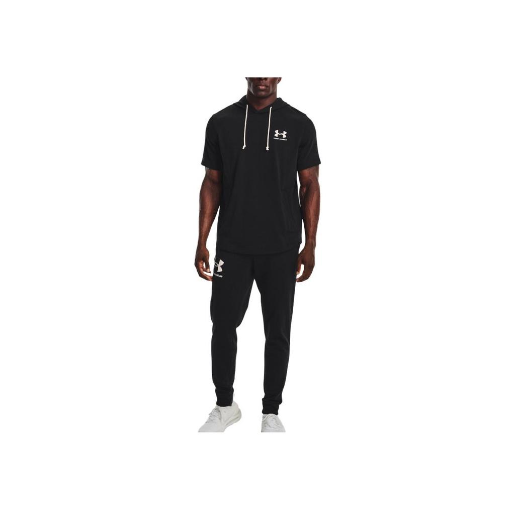 Under Armour Rival Terry Short Sleeve Hoodie With Drawstring And Solid Color Pattern Print Men Tops Black 1370396-001