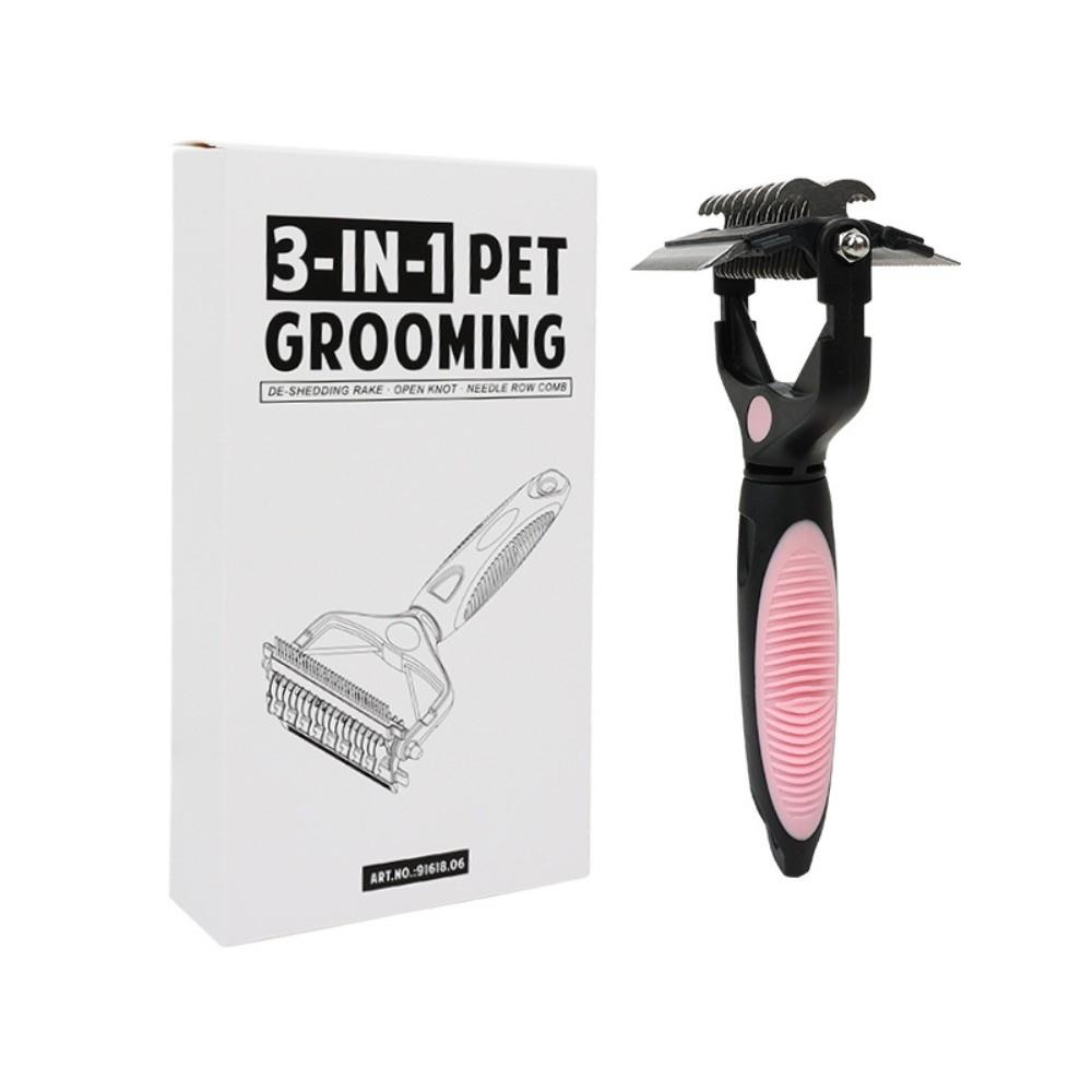 

3 In 1 Pet Deshedding Brush Stainless Steel Blade Pet Grooming Pet Fur Knot Cutter Portable Anti-slip Handle Dog Hair Remover розовый