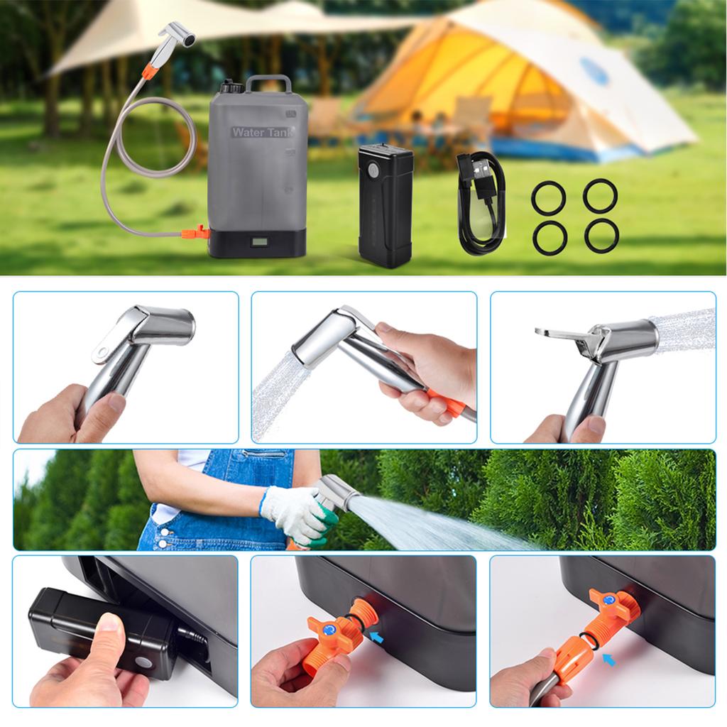 Bærbart Campingsdusjsett med 16L Vanntankkapasitet USB Oppladbar Vanntemperaturvisning