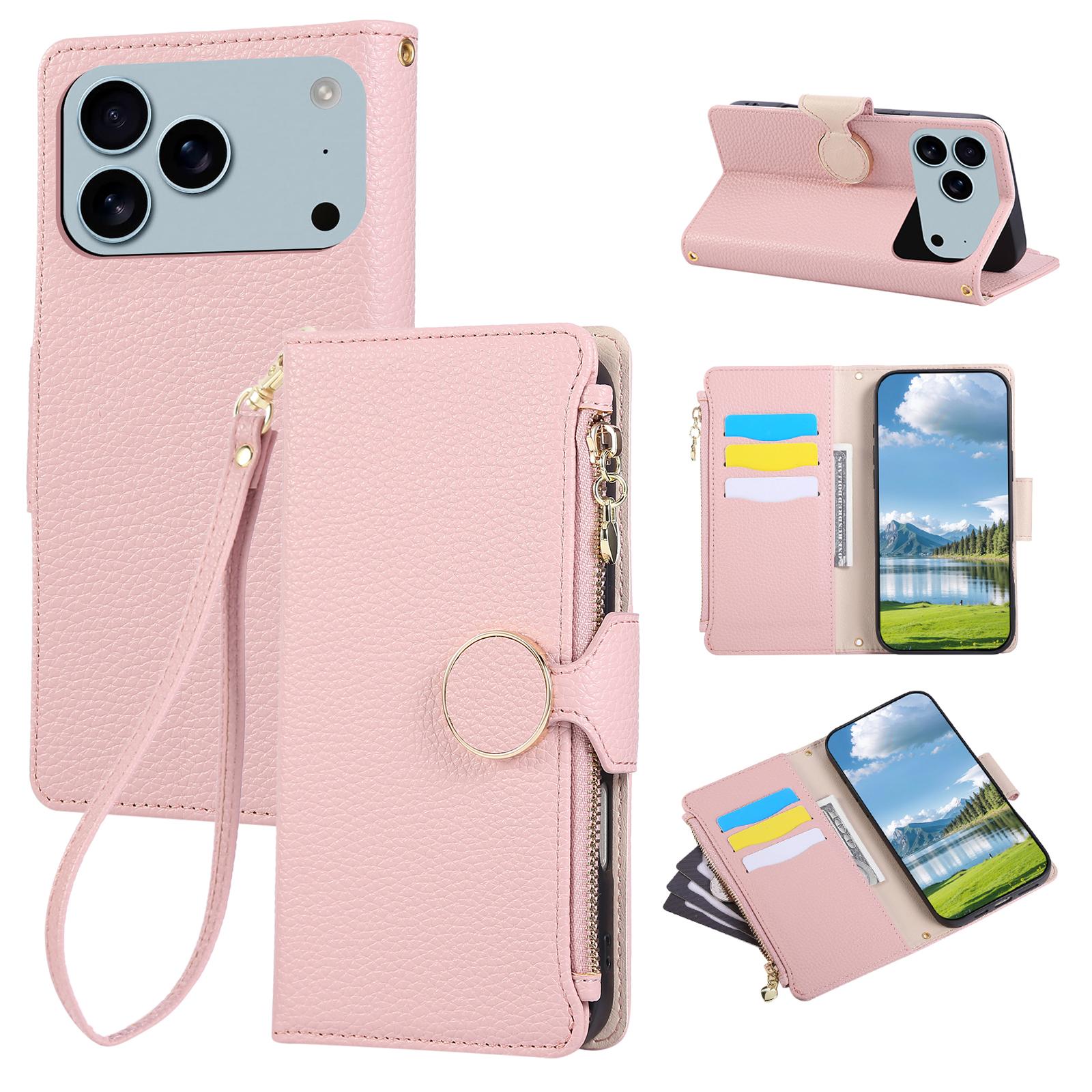 

For iPhone 17 Pro Max Case Zipper Wallet Leather Phone Cover with Wrist Strap Pink