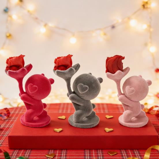 Valentine’s Day Bear Ornament with Preserved Rose Holding Eternal Flower Flocking Bear Decoration Wedding Anniversary