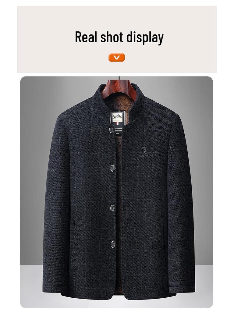 Men's Winter Wool Coat: Dad Style Stand Collar, Plus Velvet Thickened, Mid-Length Jacket for Middle-Aged and Elderly.