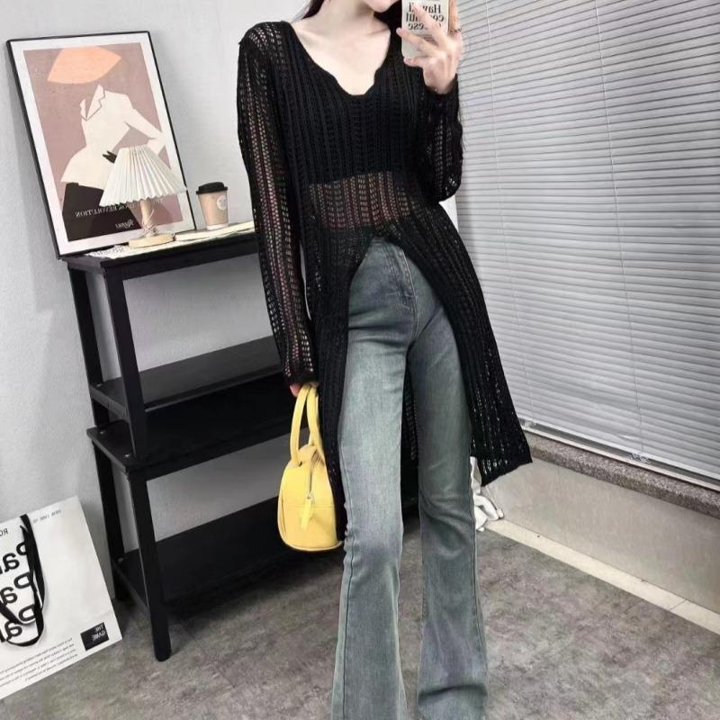 Elegant V-neck Hollow Knitted Long Sweater Dress Women Fashion High Split Spring Summer Casual Simple Solid  Sunscreen Thin Blouse See Through Dresses