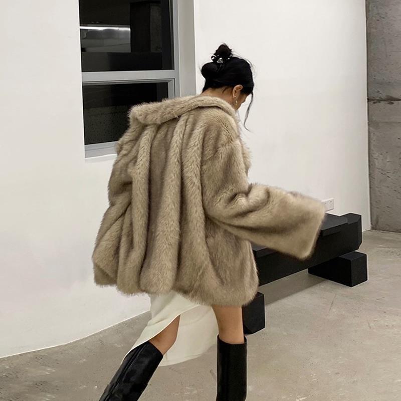 Imitation fox fur jacket women's clothing medium and long casual large lapel loose plush coat light luxury