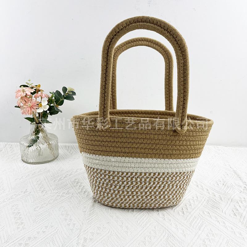Retro Khaki Color Matching Portable Cotton Thread Bag Girl Versatile Portable Women's Bag Cotton Rope Woven Bag