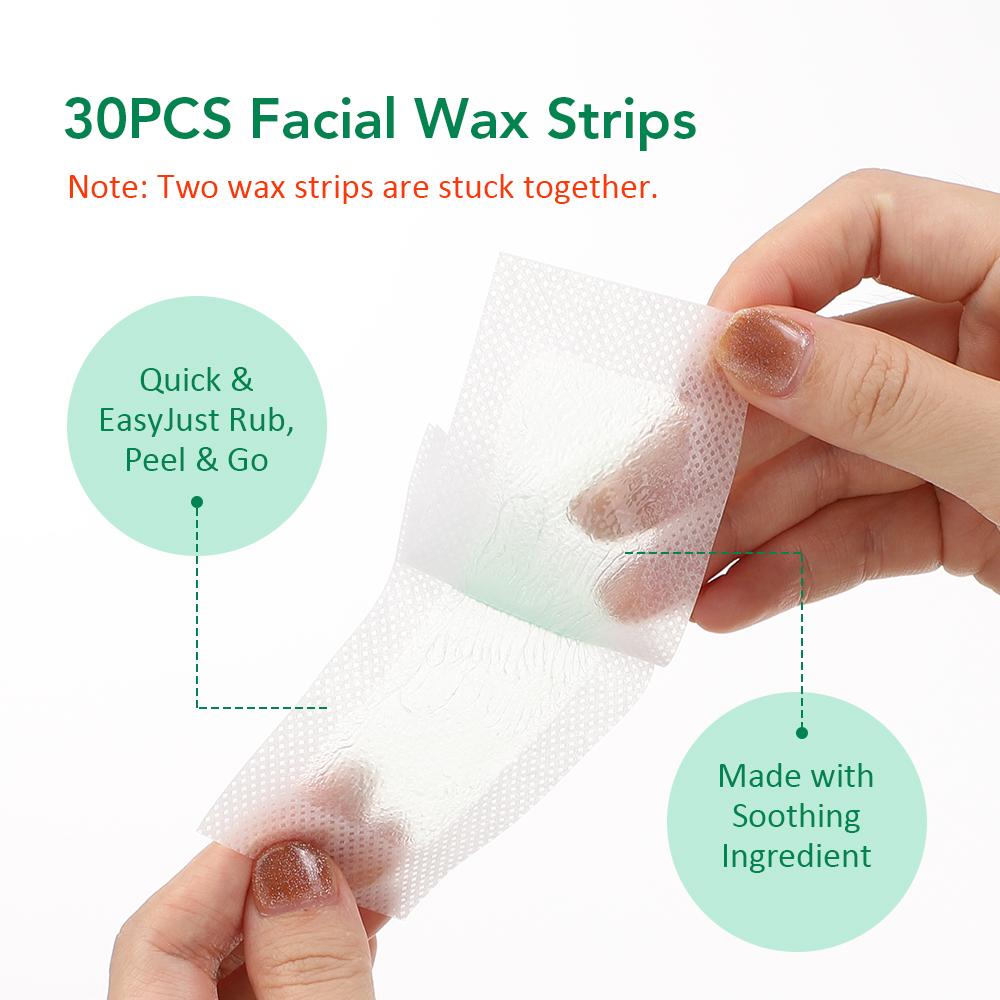 Facial Depilatory Wax Strips 30Pcs Facial Wax Strips+8 Calming Oil Wipes Hypoallergenic Eyebrow Upper Lip Hair Removal Wax Paper