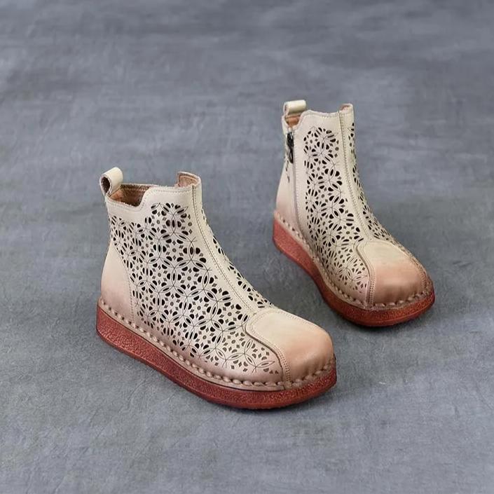 Johnature Ethnic Style Retro Soft Soled Hollow Out Boots Versatile Genuine Leather Flat Women's Sandals
