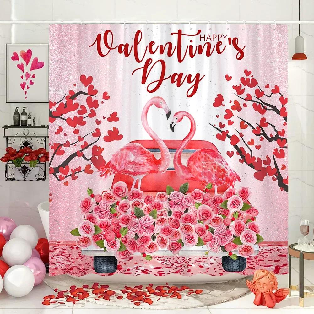 Valentine's Day Shower Curtain Romantic Red Rose Hearts Valentine's Day Genie Shower Curtain Set Shower Curtains Bathroom Decor