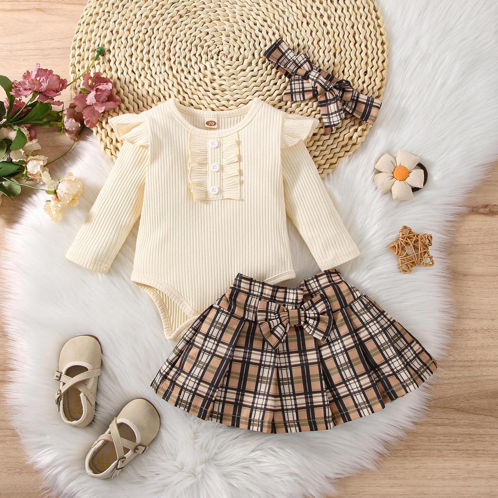 Factory 100% Cotton Baby Clothes Girls Summer College Style Baby Girl Romper Top Skirt Three Piece Set