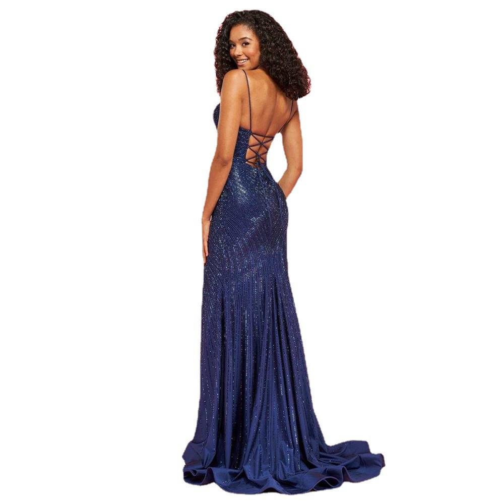 2025 European & American Women's Sexy Sequined Backless Dress with Slit