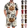Men's Halloween Casual Pajama Set Short Sleeve Top and Shorts Comfortable Lightweight Sleepwear Set with Pumpkin and Bat Print for Home Use