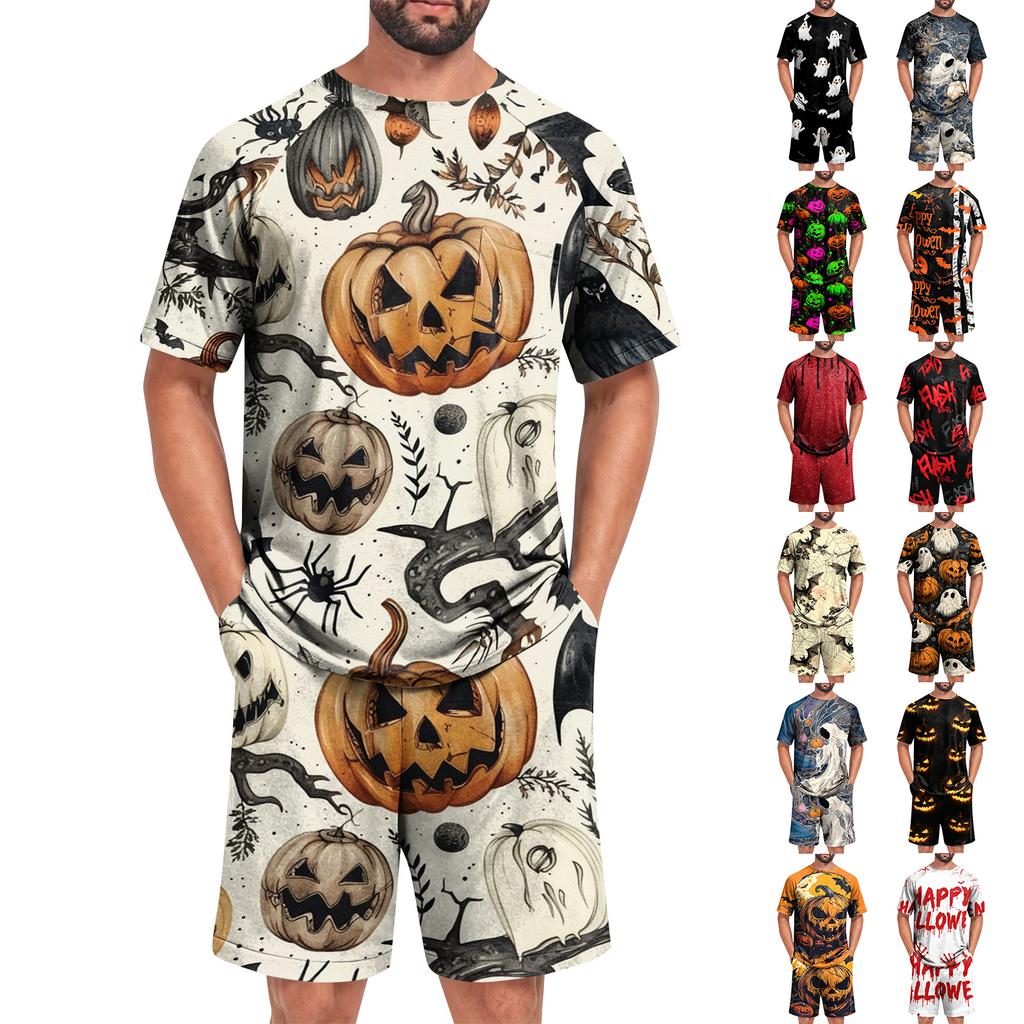 Men's Halloween Casual Pajama Set Short Sleeve Top and Shorts Comfortable Lightweight Sleepwear Set with Pumpkin and Bat Print for Home Use