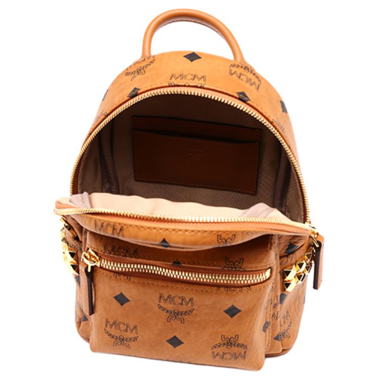 MCM Stark Classic Double-Sided Studded Coated Canvas And Leather Trim Backpack Mini Unisex backpack Brown Cognac MMKAAVE13CO001