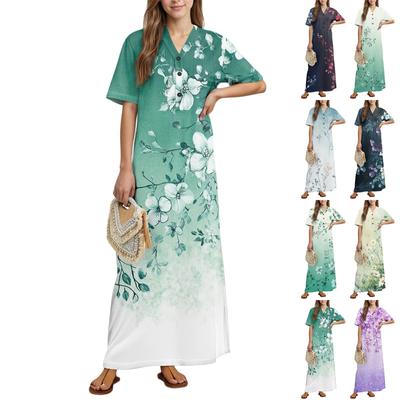 Damenmode Bedrucktes Nachthemd Hauskleidung Kurzarm-Nachthemd mit Taschen Langes Kleid
