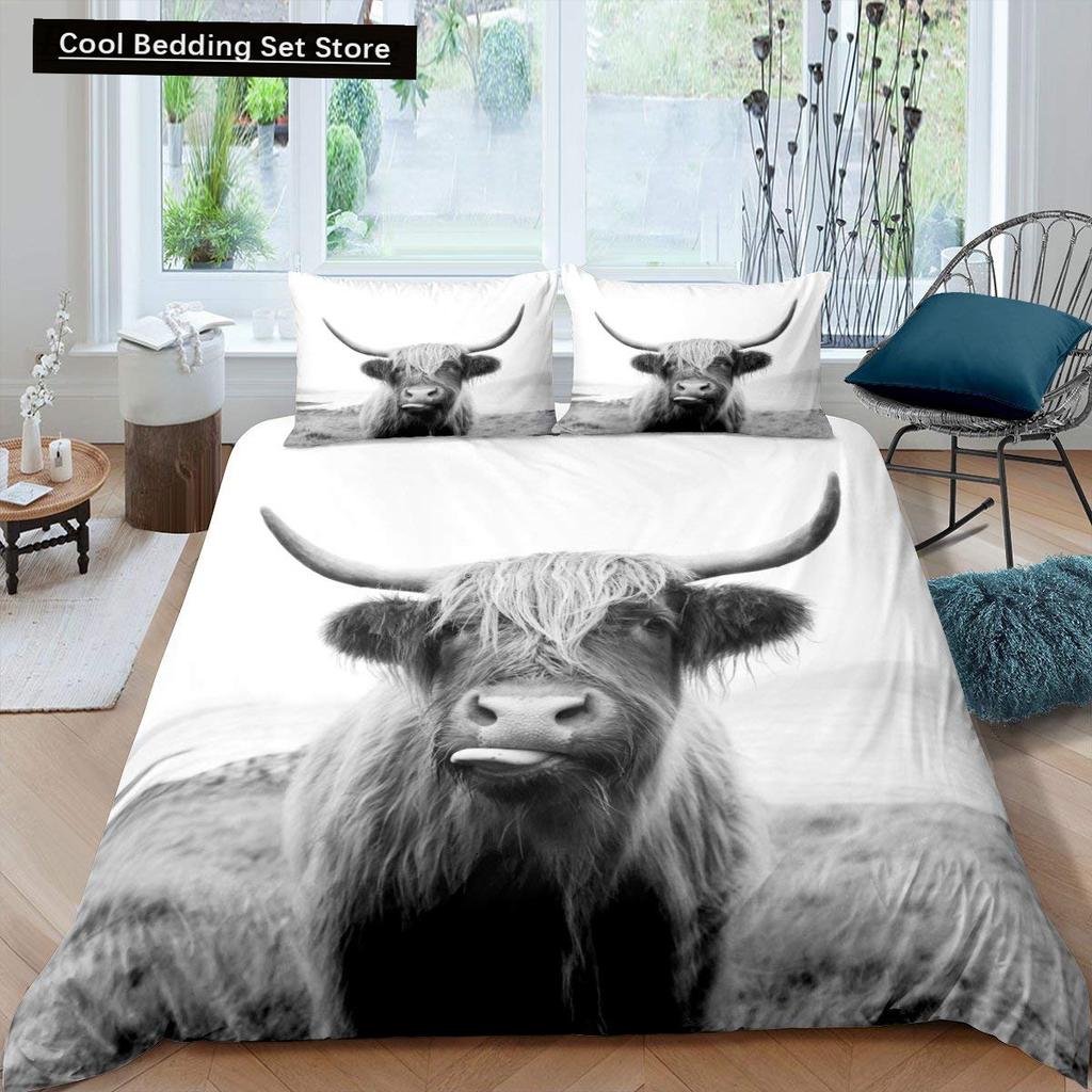 Highland Cow King Queen Duvet Cover Bull Bedding Set for Adults Cattle 2/3pcs Quilt Cover Farm Animal Polyester Comforter Cover