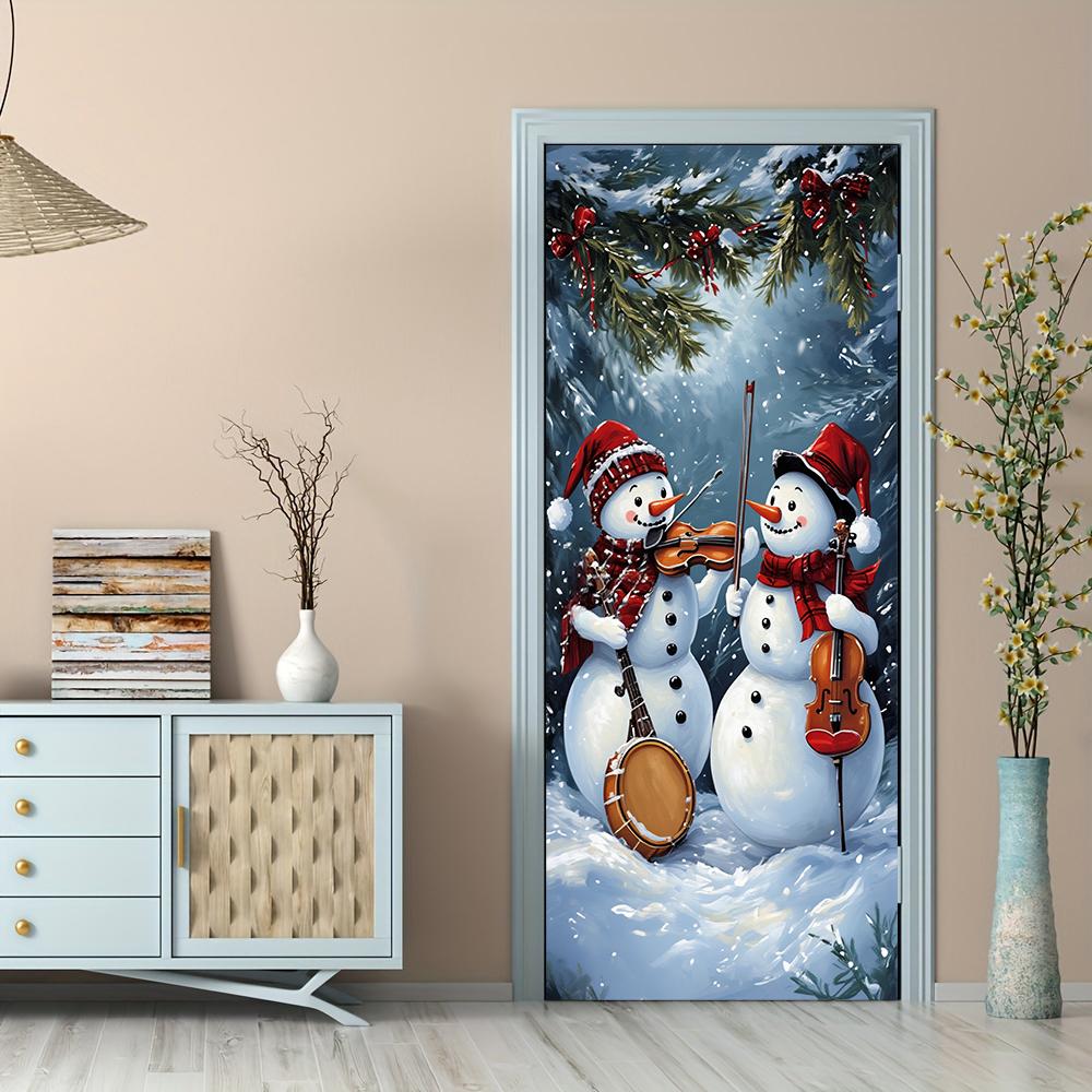1pcs Christmas Decorative Door Stickers Cartoon Snowman Band Pattern Creative Festival Entrance Glass Stickers New Year Party Wi