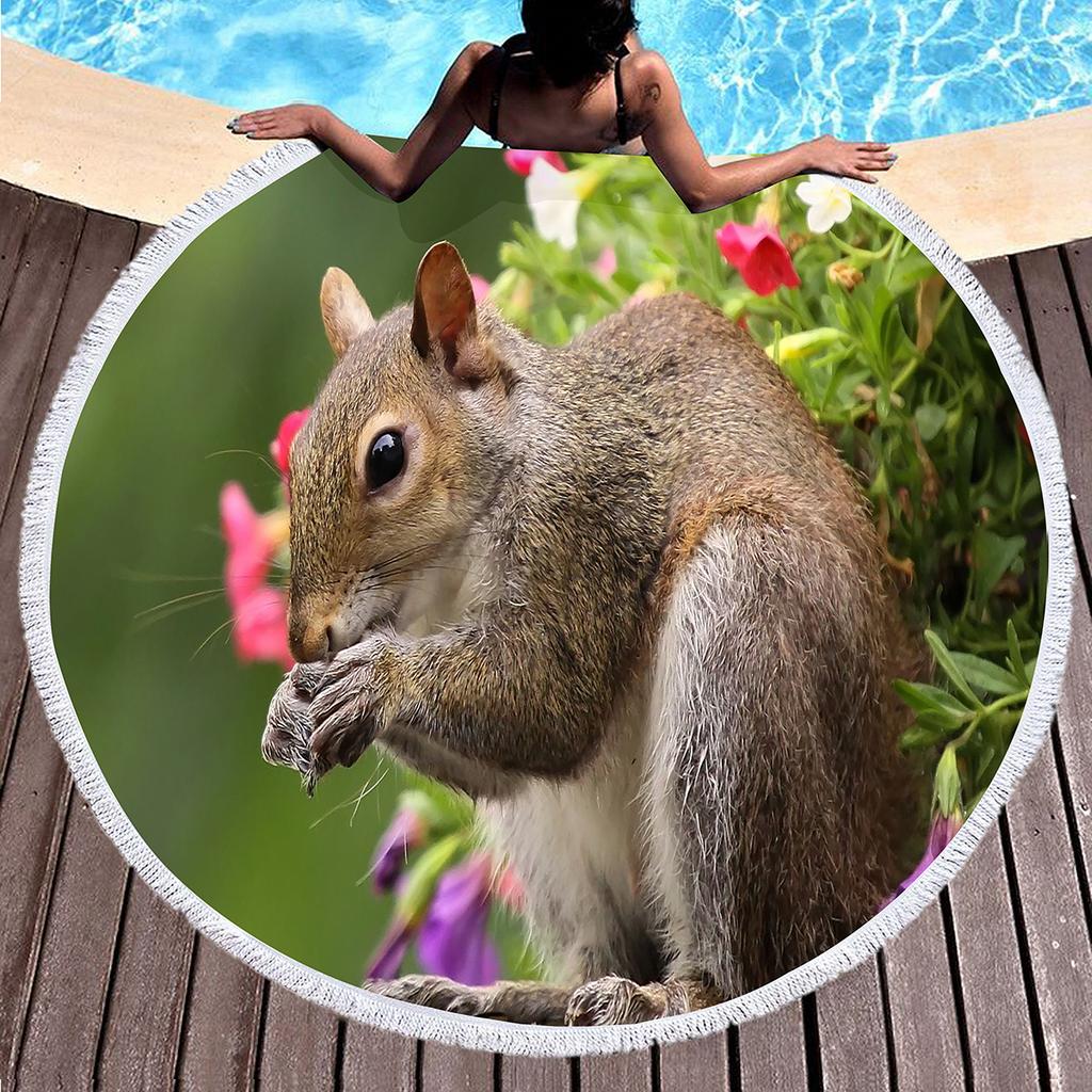 Cute Squirrel Round Beach Towel with Tassels Microfiber Beach Blanket Absorbent Sandproof Circle Bath Towel Meditation Yoga Mat