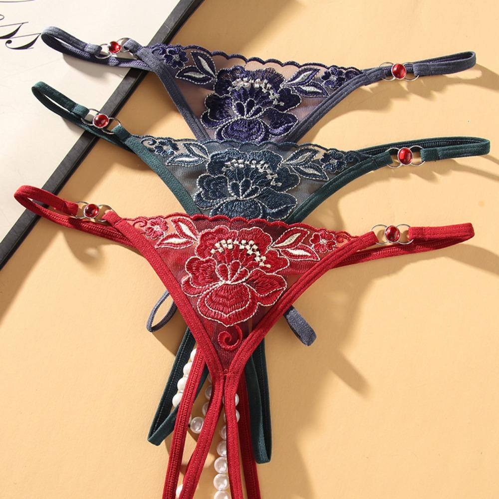 Black Temptation Diamond Thong Women's Perspective Embroidery Playable Beaded Crotch Free Sexy Panties 2270