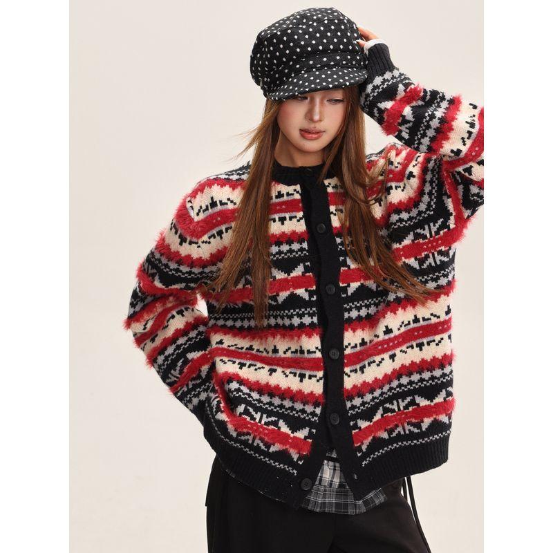 Shiyiyue Fair Isle New Year Cardigan Women's Autumn and Winter Lazy Style Loose Coat Round Neck Casual Knitted Sweater