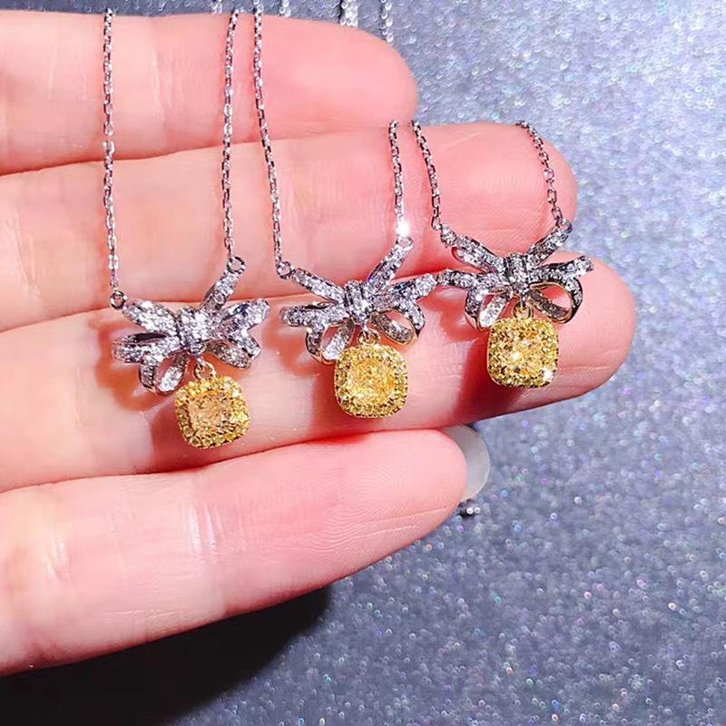 

Color Treasure Yellow Diamond Bow Necklace Female, Niche Design High-end Clavicle Chain Pendant Fashion Versatile