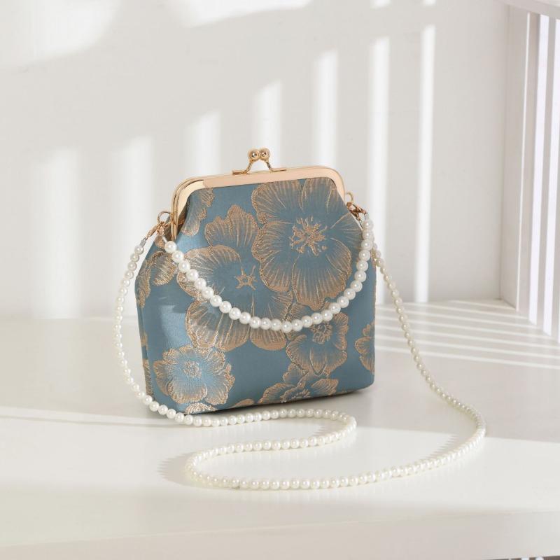 New Antique Mouth Gold Bag Rich Flower Pattern Women's Messenger Evening Cheongsam Bag Mobile Phone Chain Small Square Bag