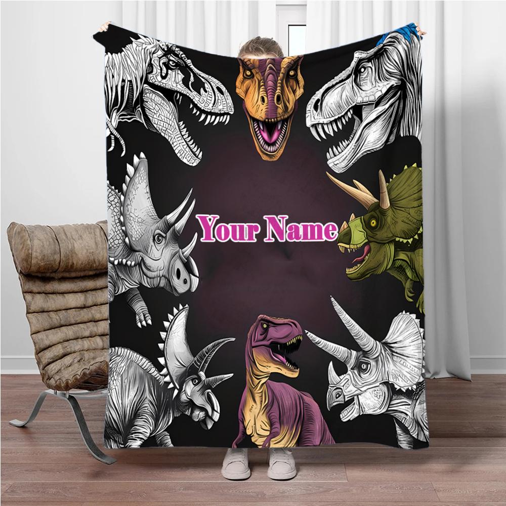 Customized Name Personalized Flannel Throw Blanket Dinosaurs Digital Print,suitable for sofas,beds,offices,travel,warm blanket