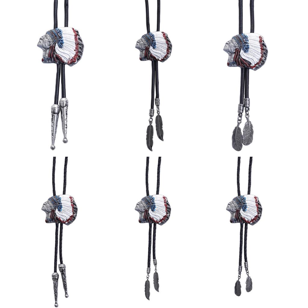 Mens Western Shirt Collar Necktie American Bolo Tie Indian Head Feathered Pendant Cowboy Necklace Jewelry Shirt Chain