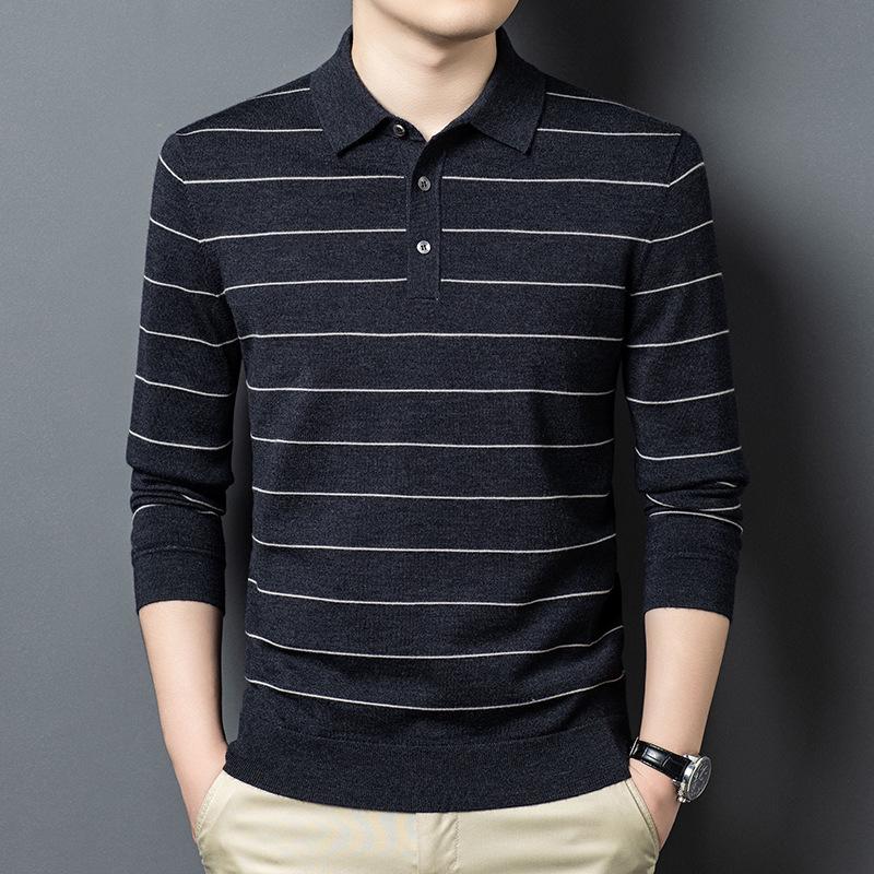 Men's Anti-Pilling Wool Lapel Sweater - Autumn/Winter Business Casual Knit Polo Shirt with Fashion Stripes