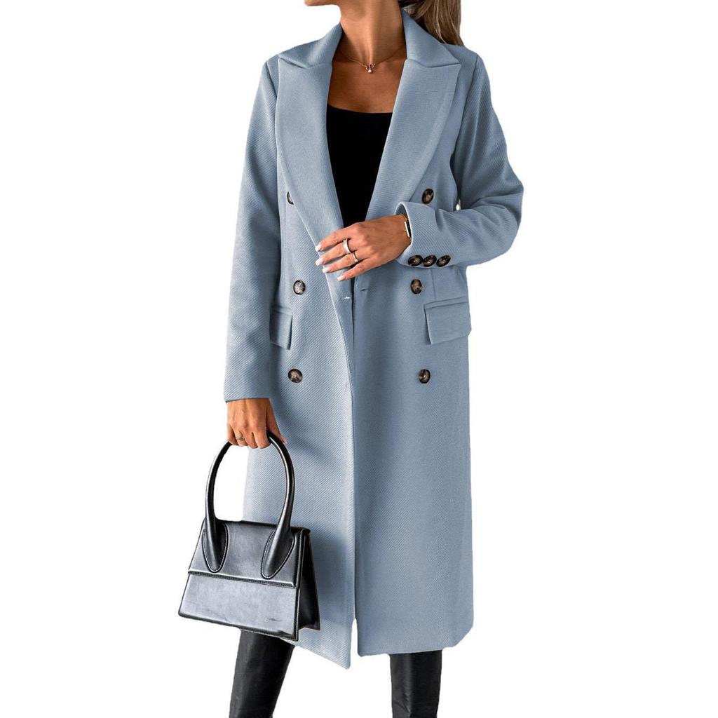 Jachetă Tren Loose Toamnă Iarnă Femei Top Ele Fashion Mânecă Lungă Guler Rever Buzunar Dublu Nasturi Palton Lung