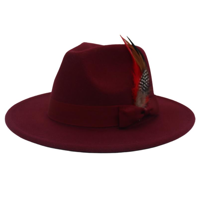 Bow Feather Top Hat Big Eave Hat Men'S And Women'S Cashmere Felt Hat Wind Hat
