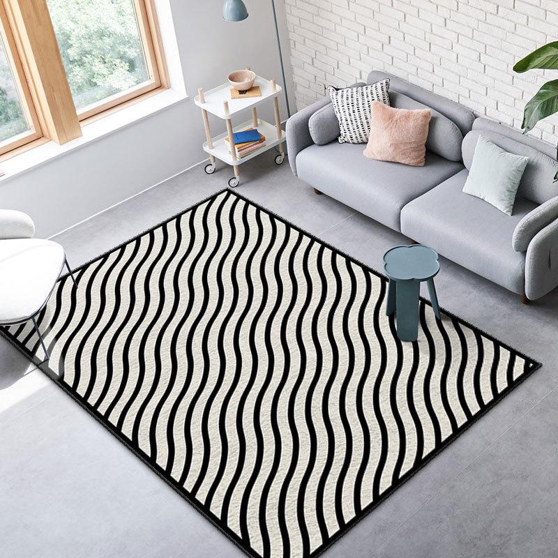 Simple Black And White Plaid Imitation Cashmere Carpet, Living Room Sand Blanket 3D Visual Striped Carpet Floor Mat Bedroom
