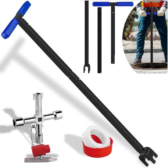 Water Meter Key Shut Off Tool 15 Inch to 28 Inch with 4-way Multi-Functional Utilities Key, T-Handle Removable Water Meter Wrench for Curb Main and