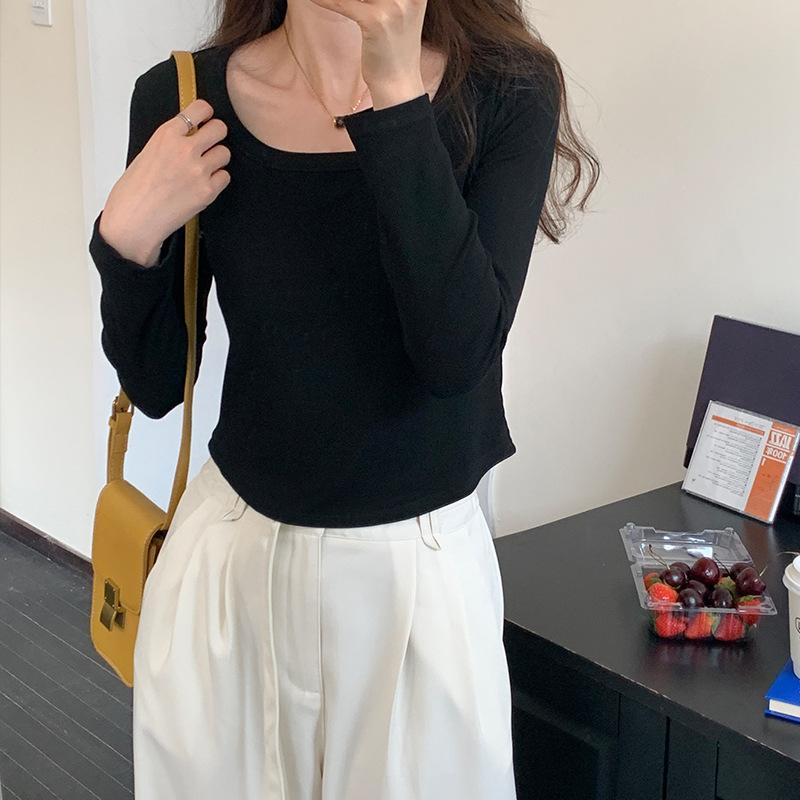 Solid Color Low-cut Square-neck Tight-fitting Bottoming Shirt for Women Spring New Slim-fitting Long-sleeved T-shirt Short Inner Top