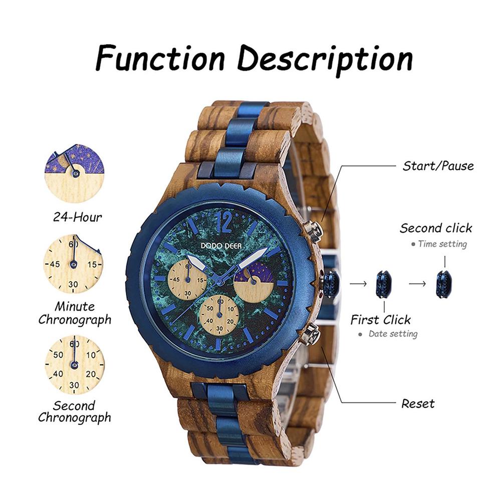 Herrenuhren Holzarmband Mode Blaues Zifferblatt Uhren Luxus Datum Chronograph Leuchtend Holz Armbanduhr Für Mann