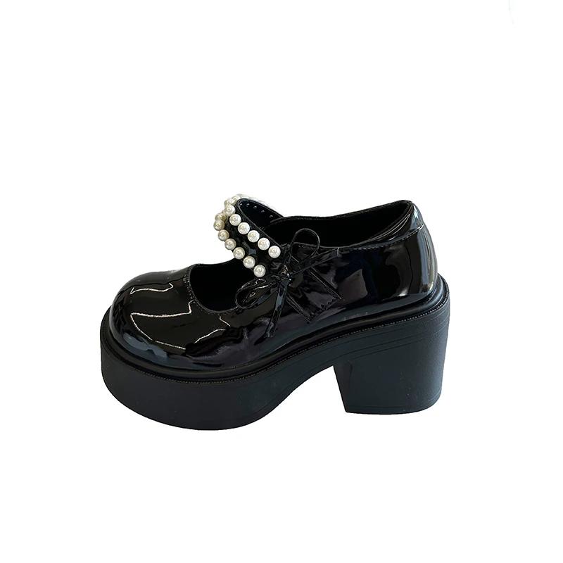 Women's Lolita Style Shoes 2025 French One Pearl Bow Round Toe Chunky Heel Mary Jane Shoes High-heeled Thick-soled Women Shoes