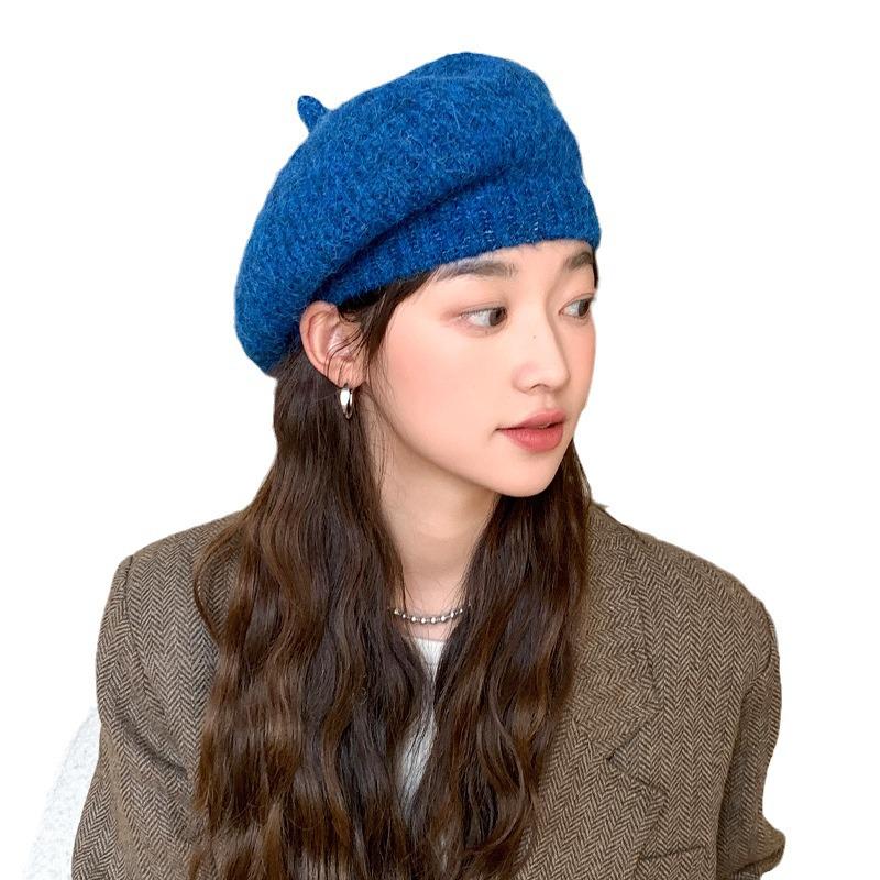 Women's Korean Style Woolen Beret: Versatile, Solid Color, Knitted, Warm, Windproof, with Metal Label for Autumn and Winter