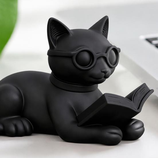Bookshelf Decorative Accents 3D Printed Reading Cat Figurine, Statue with Eyeglasses, Creative Birthday Gifts Animal Desktop Ornament for Home Office