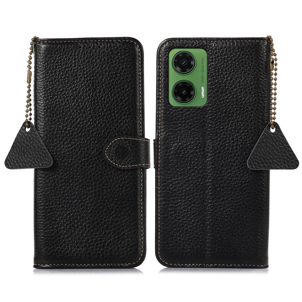 

For Motorola Moto G35 5G Case RFID Blocking Litchi Texture Genuine Cow Leather Phone Cover D