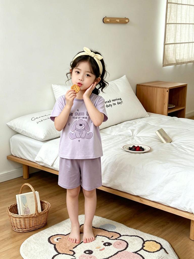Children's Cartoon Cotton Short Sleeve Pajama Set - Unisex, Medium & Large
