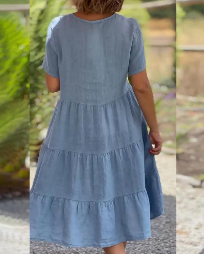 Fresh & Sweet V-Neck Solid Color Swing Short Dress for Women