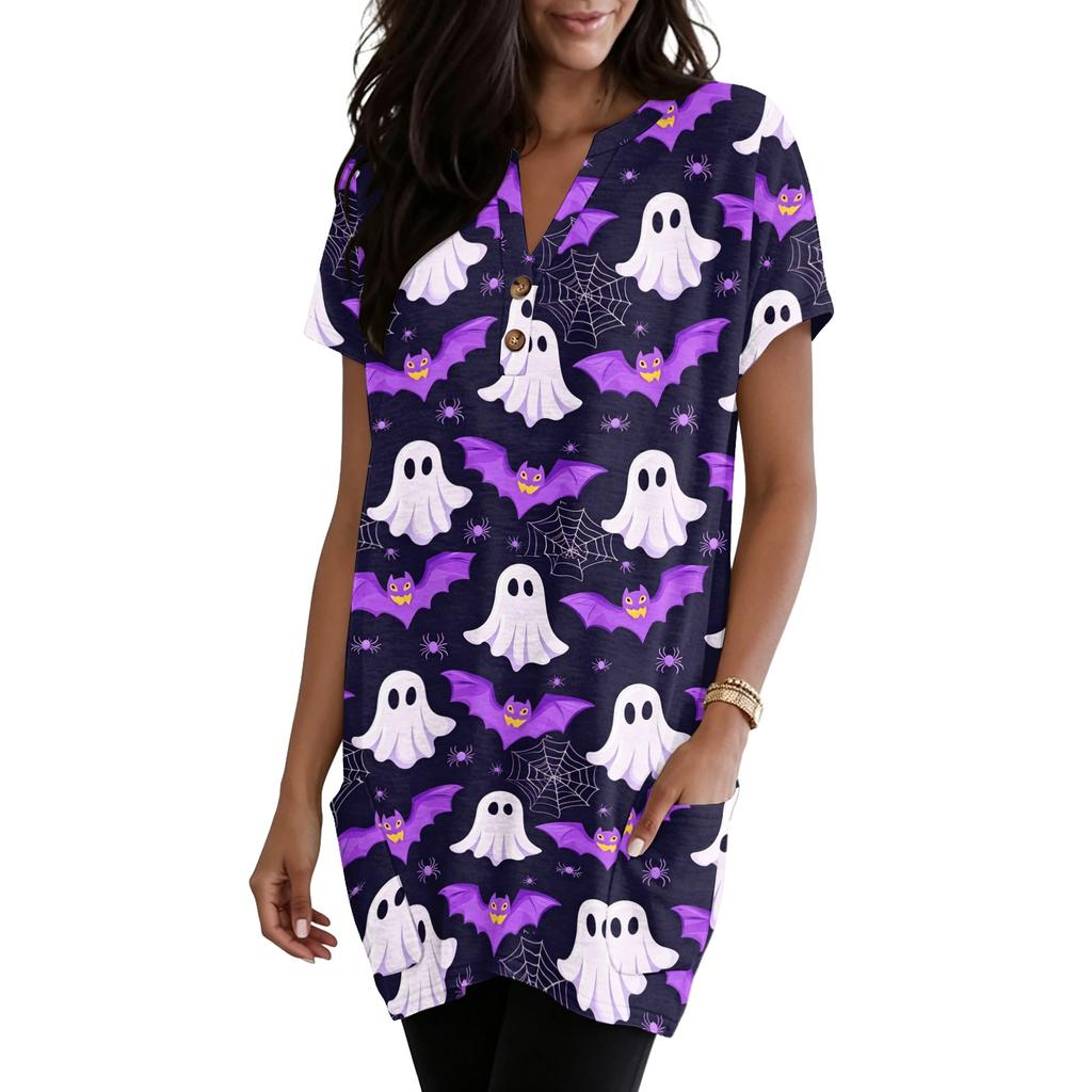 Women’s V Neck Pullover Short Sleeve Top with Halloween Themed Pumpkin and Bat Print Loose Fit Tunic with Pocket Design