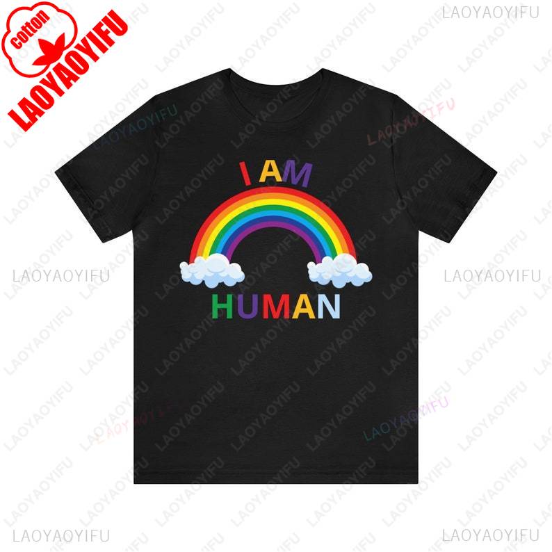 I Am Human Rainbow Funny Pattern Print T-shirt Summer Fashion Casual Comfortable Soft Cotton Tees for Friends Perfect Gift Tops