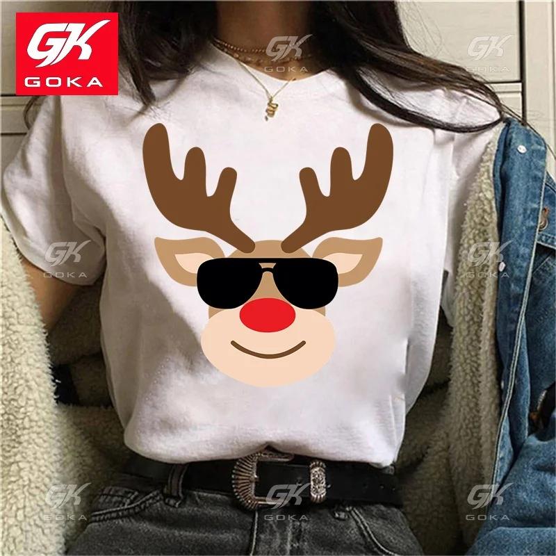 

Christmas Deer Print Cotton T Shirt Women Short Sleeve Casual Round Neck Cute Hip Hop T Shirts Creative Personalized Tops Tees S
