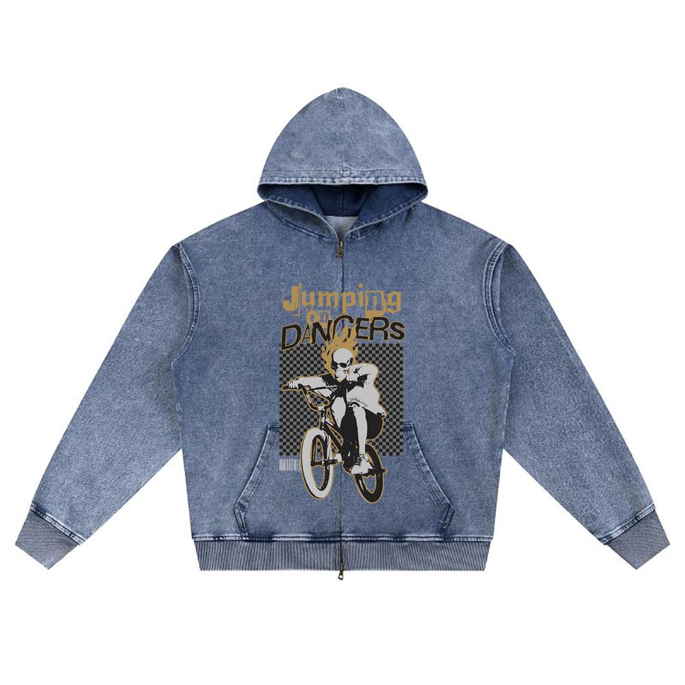 DTG print Knitted Denim Zip-Up Hoodie Jumping on Dangers Brother Print Zipper Hoodies